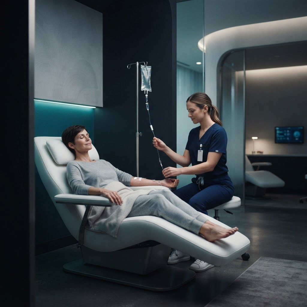 A registered nurse administering IV therapy to a relaxed guest in a modern treatment suite at The Longevity Center