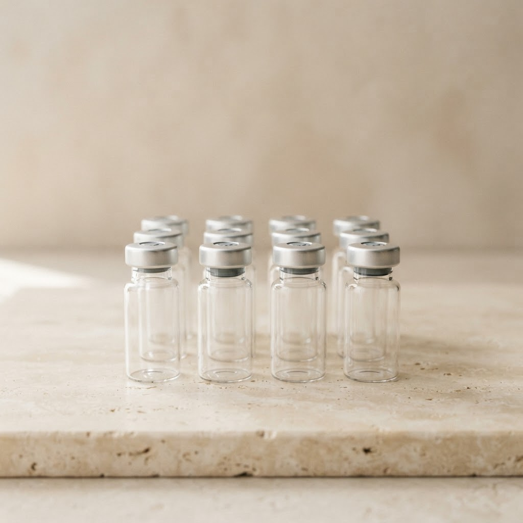 Glass peptide vials on a warm stone surface