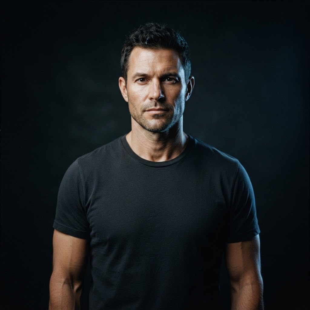 Confident, fit man in his early forties against a dark studio background