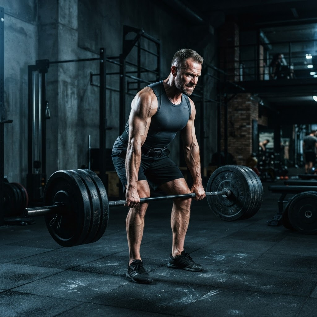 Athletic man performing a barbell deadlift in a dimly lit gym
